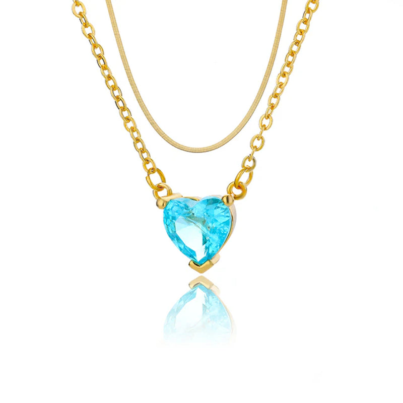 "Blue Love Heart Zircon Pendant Necklace - Elegant Multilayer Stacked Chain Jewelry for Women"