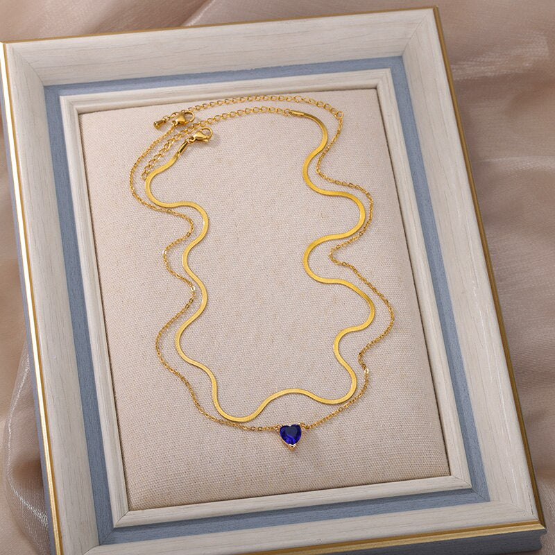 "Blue Love Heart Zircon Pendant Necklace - Elegant Multilayer Stacked Chain Jewelry for Women"