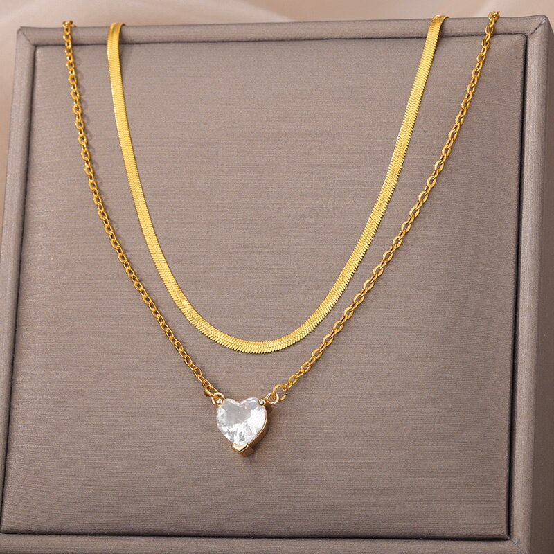 "Blue Love Heart Zircon Pendant Necklace - Elegant Multilayer Stacked Chain Jewelry for Women"