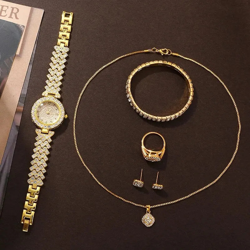  "GoldGleam Luxe Set: Women's Watch & Jewelry Ensemble"