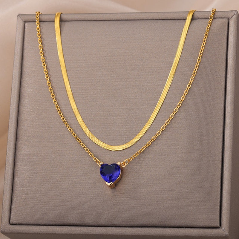 "Blue Love Heart Zircon Pendant Necklace - Elegant Multilayer Stacked Chain Jewelry for Women"