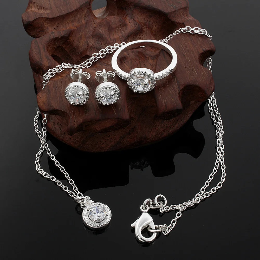 925 Sterling Silver Crystal Necklace Jewelry Set"