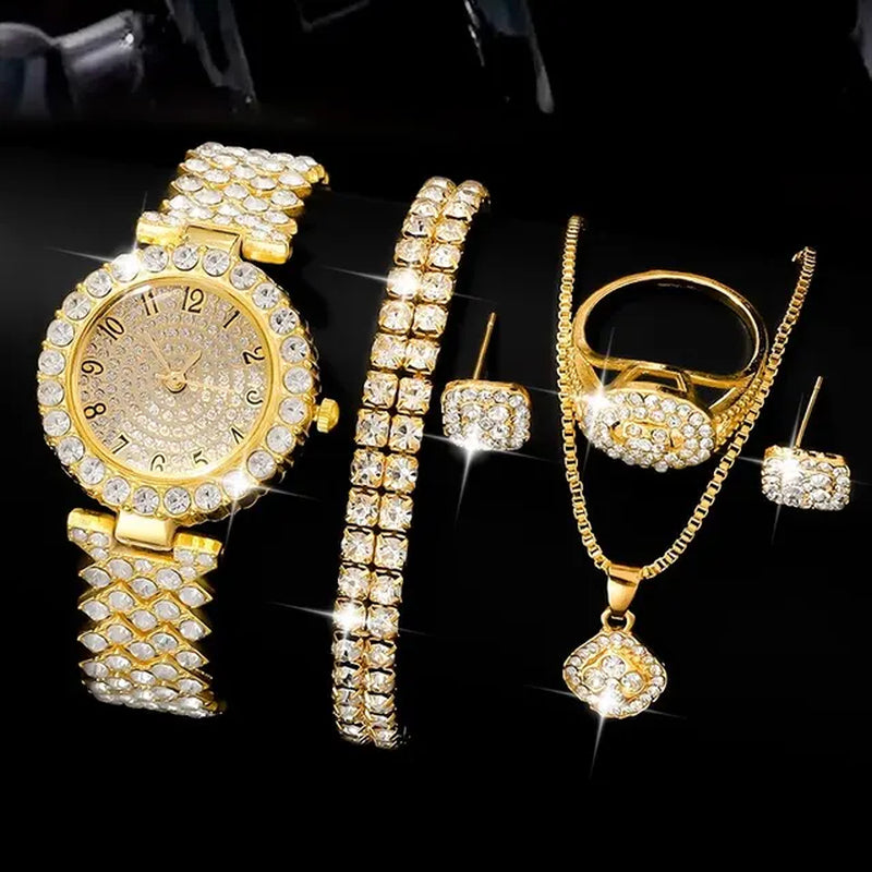  "GoldGleam Luxe Set: Women's Watch & Jewelry Ensemble"