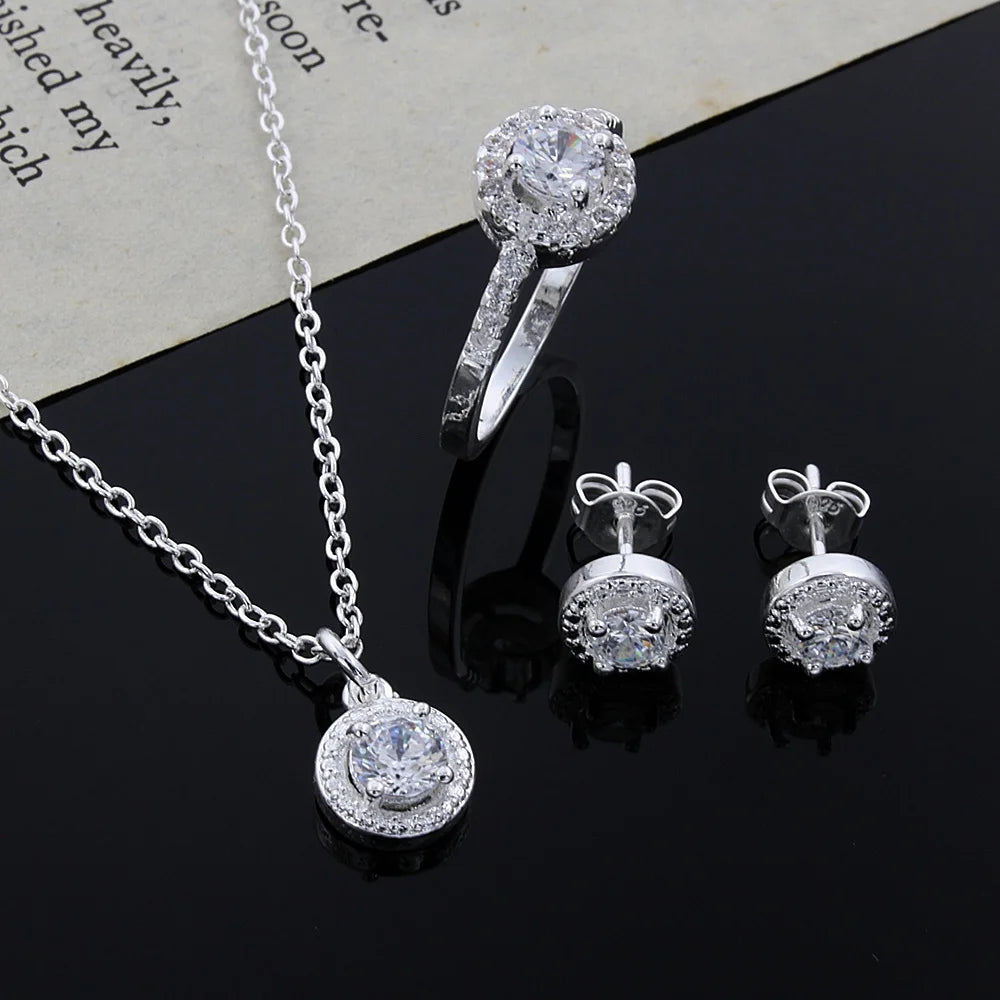 925 Sterling Silver Crystal Necklace Jewelry Set"