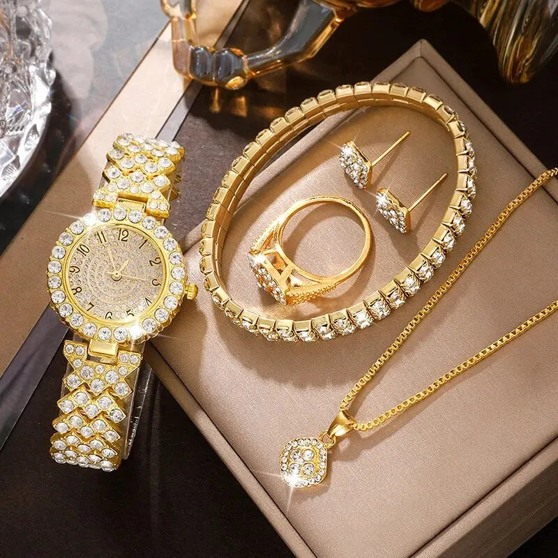  "GoldGleam Luxe Set: Women's Watch & Jewelry Ensemble"