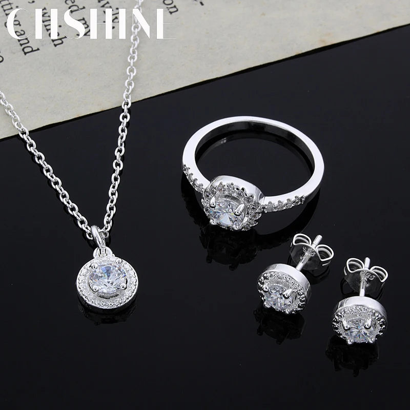 925 Sterling Silver Crystal Necklace Jewelry Set"