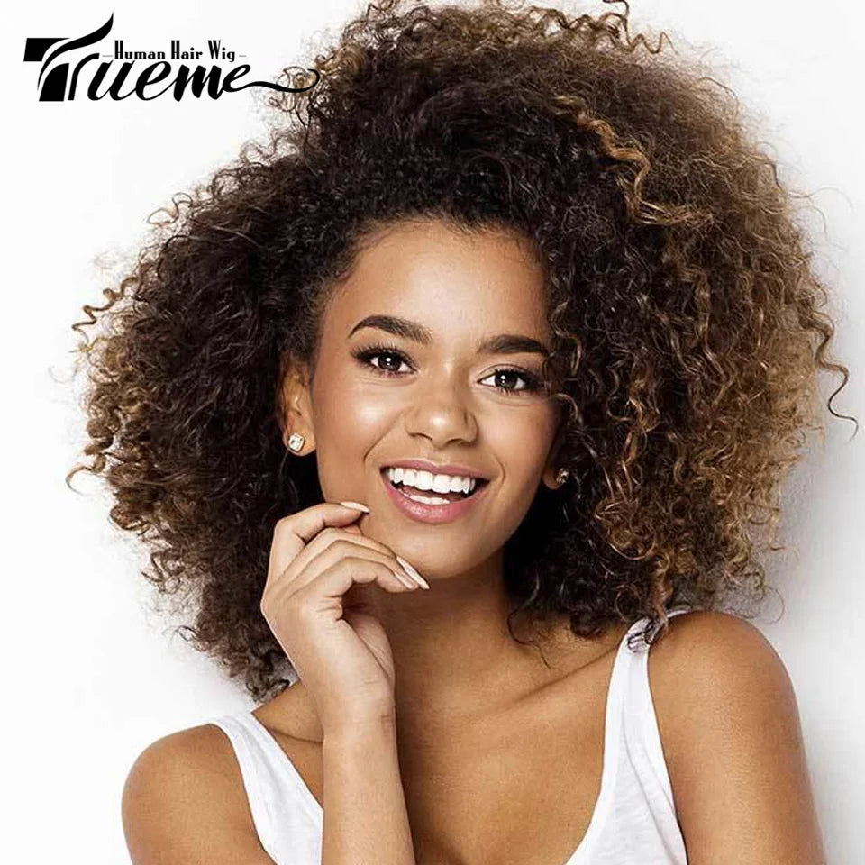 TrueMe Afro Kinky Curly Bob Wig: Ombre Highlight with Bangs"